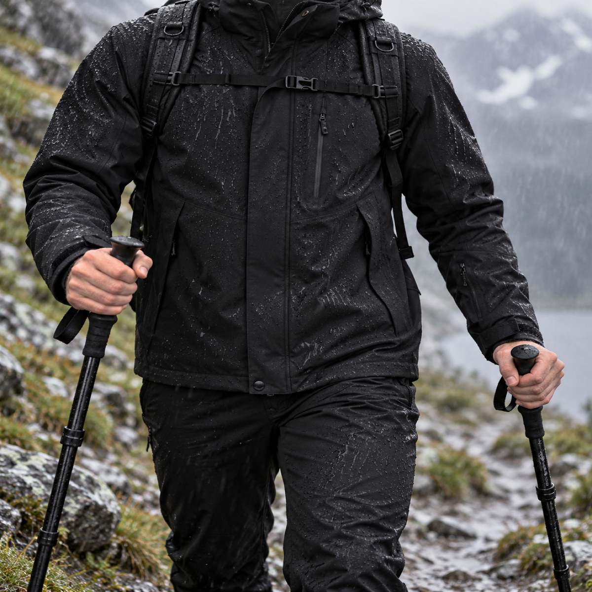 Veste anorak homme noire portée sous la pluie en randonnée sans visage