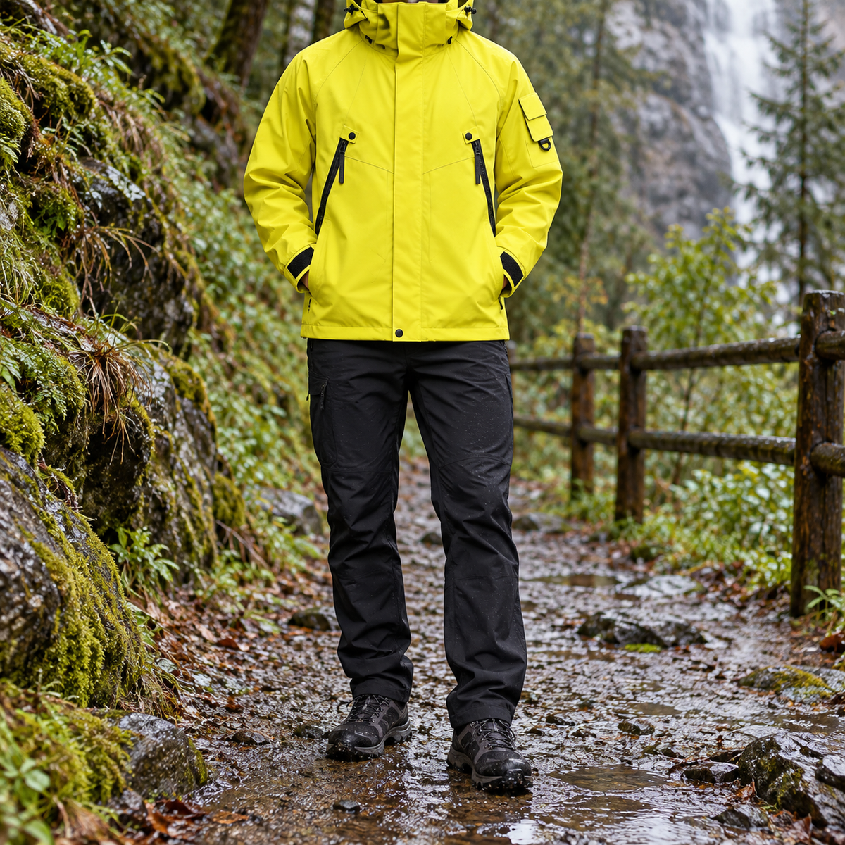 Veste de randonnée jaune portée sur sentier humide – vue de face