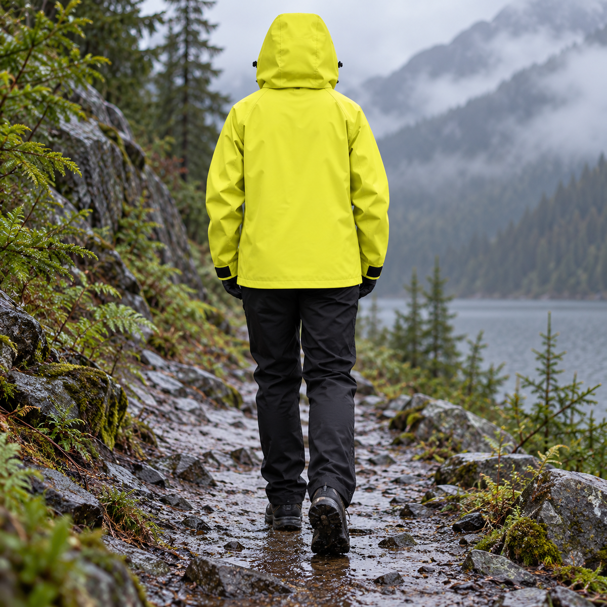 Veste de randonnée jaune portée – vue de dos