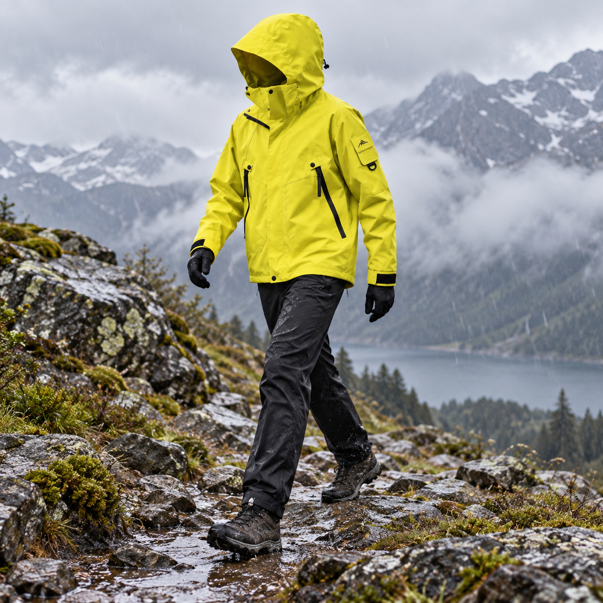 Veste de randonnée jaune portée en mouvement