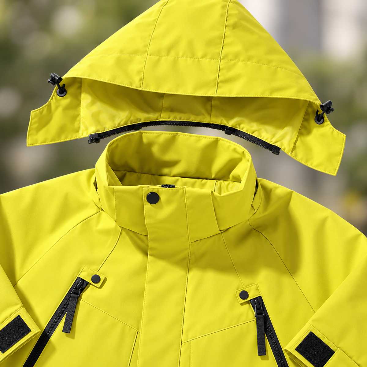 Veste de randonnée jaune – détail capuche amovible et col