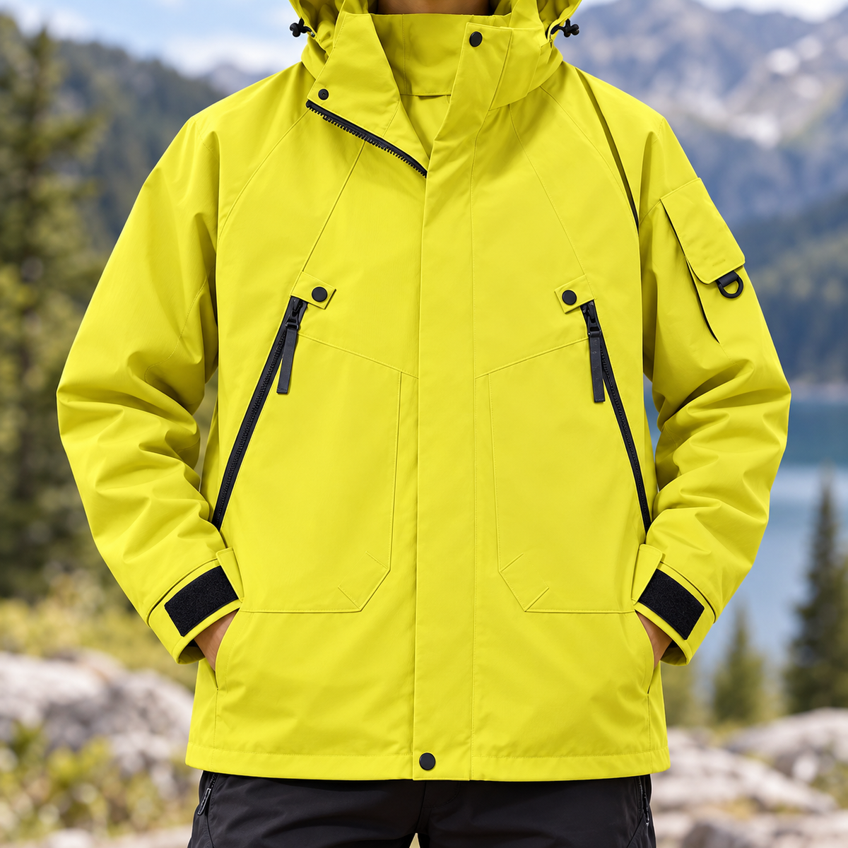 Veste de randonnée jaune – détail des poches zippées