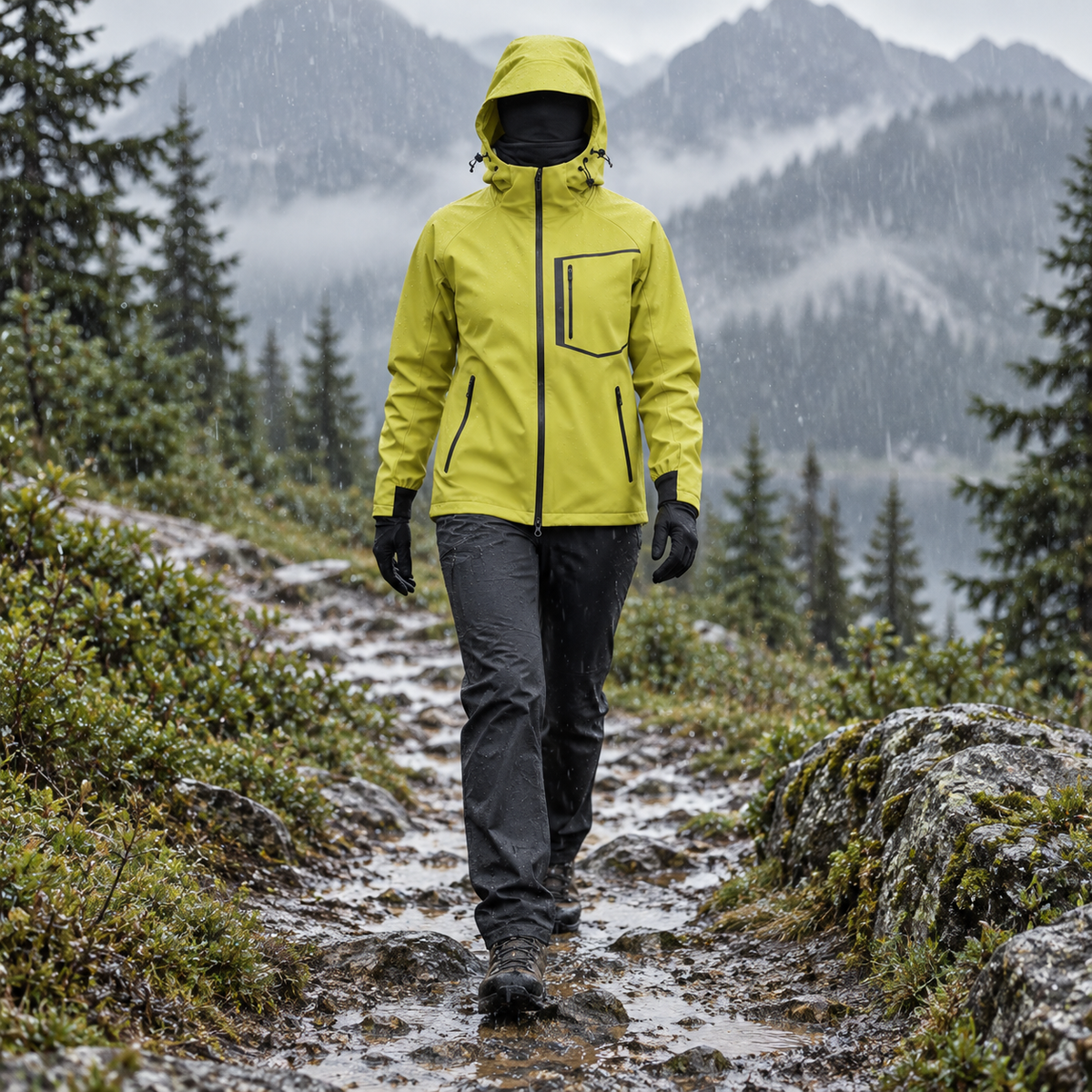 Veste de randonnée jaune femme portée sous la pluie – vue de face