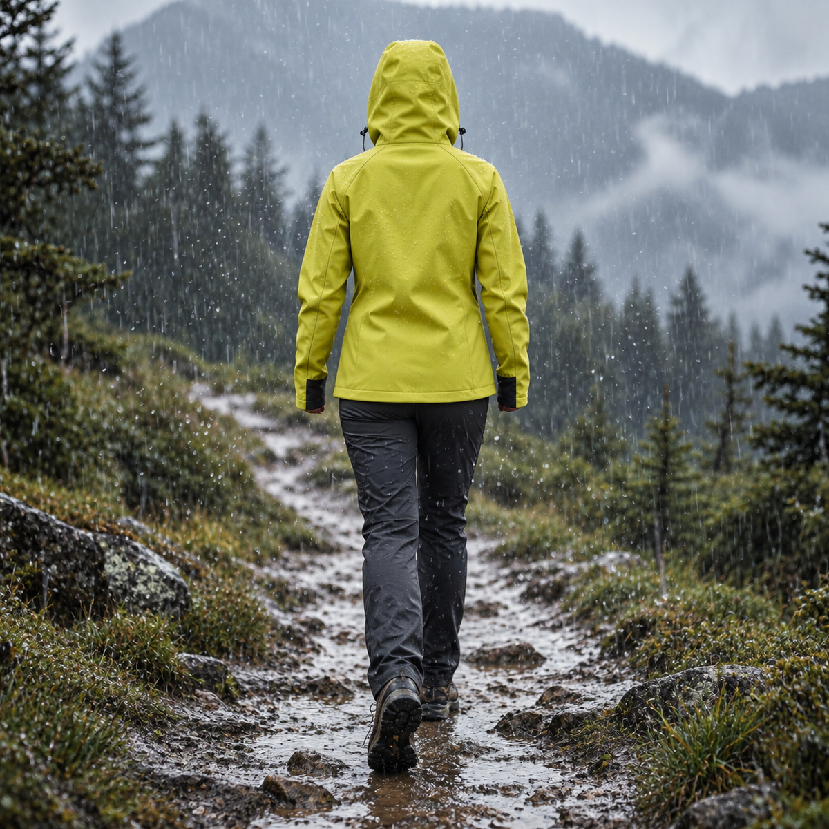 Veste de randonnée jaune femme portée – vue de dos