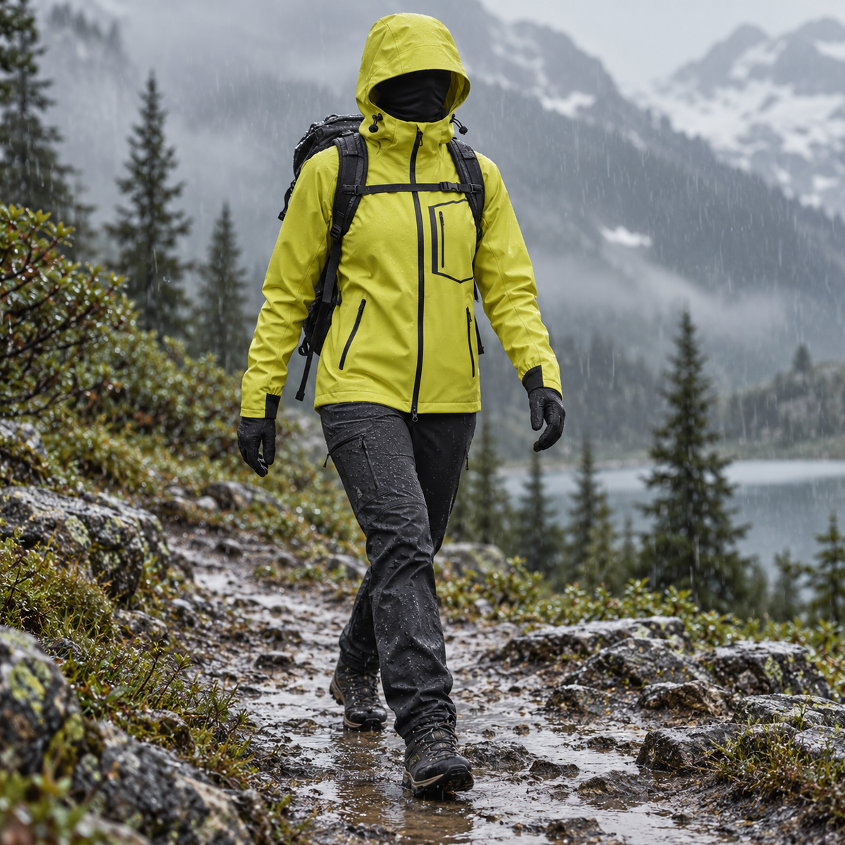 Veste de randonnée jaune femme portée en mouvement