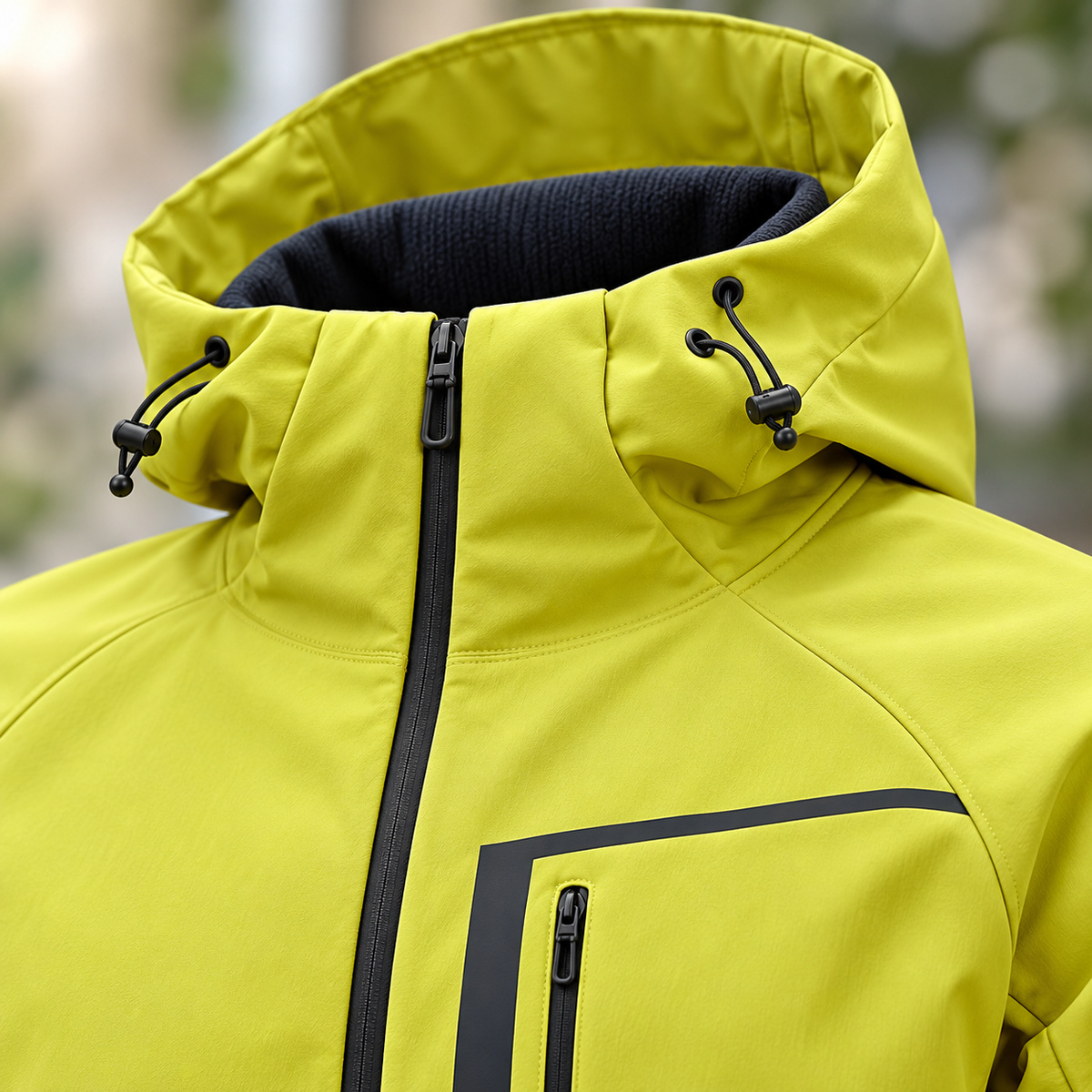 Veste de randonnée jaune femme – détail capuche et col