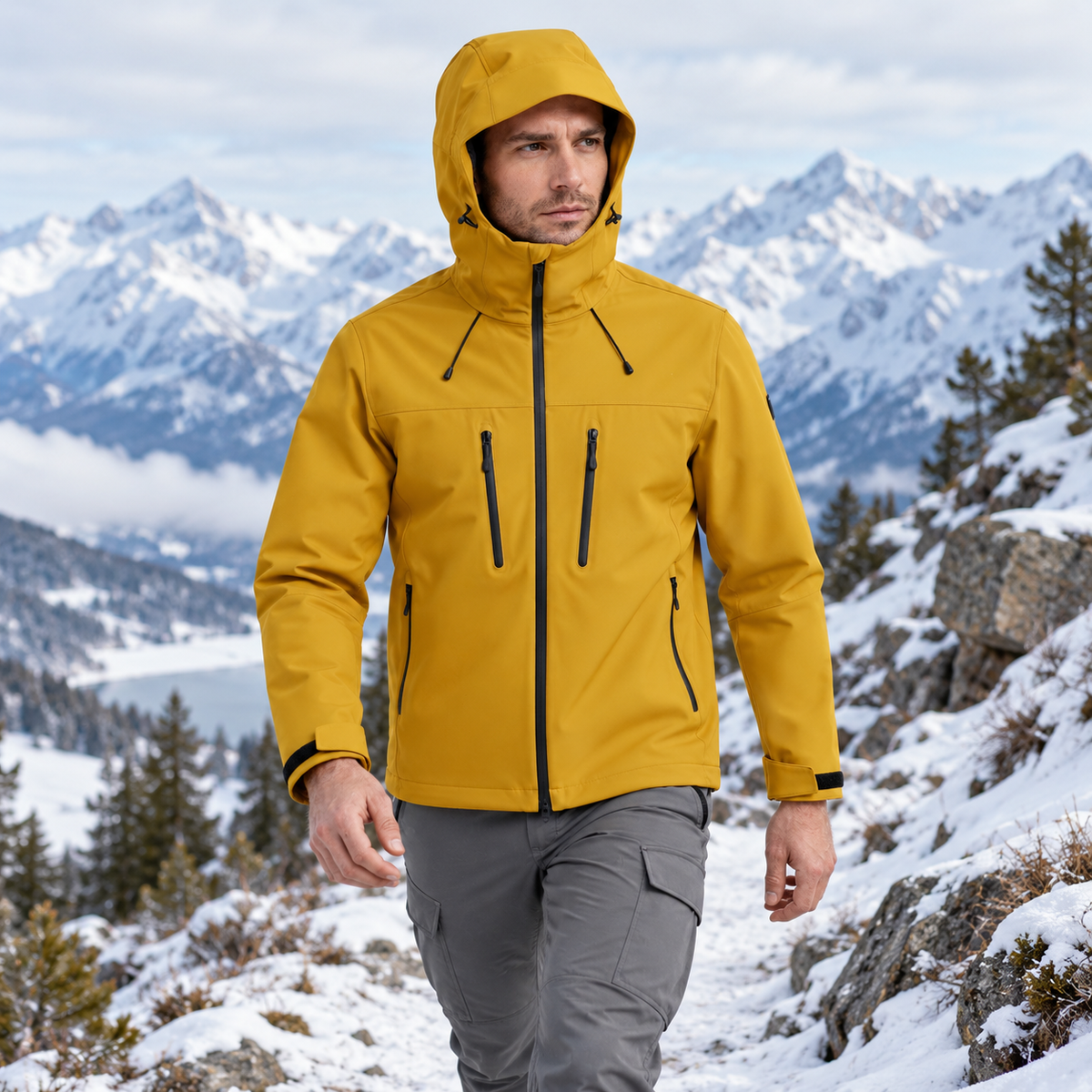 Veste softshell homme jaune portée en randonnée hivernale