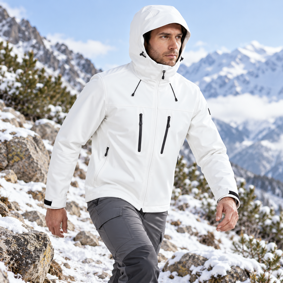 Veste softshell homme blanche portée en mouvement