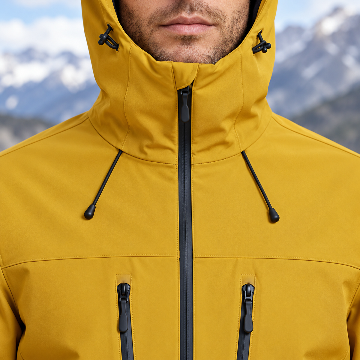 Veste softshell homme jaune – détail capuche et col