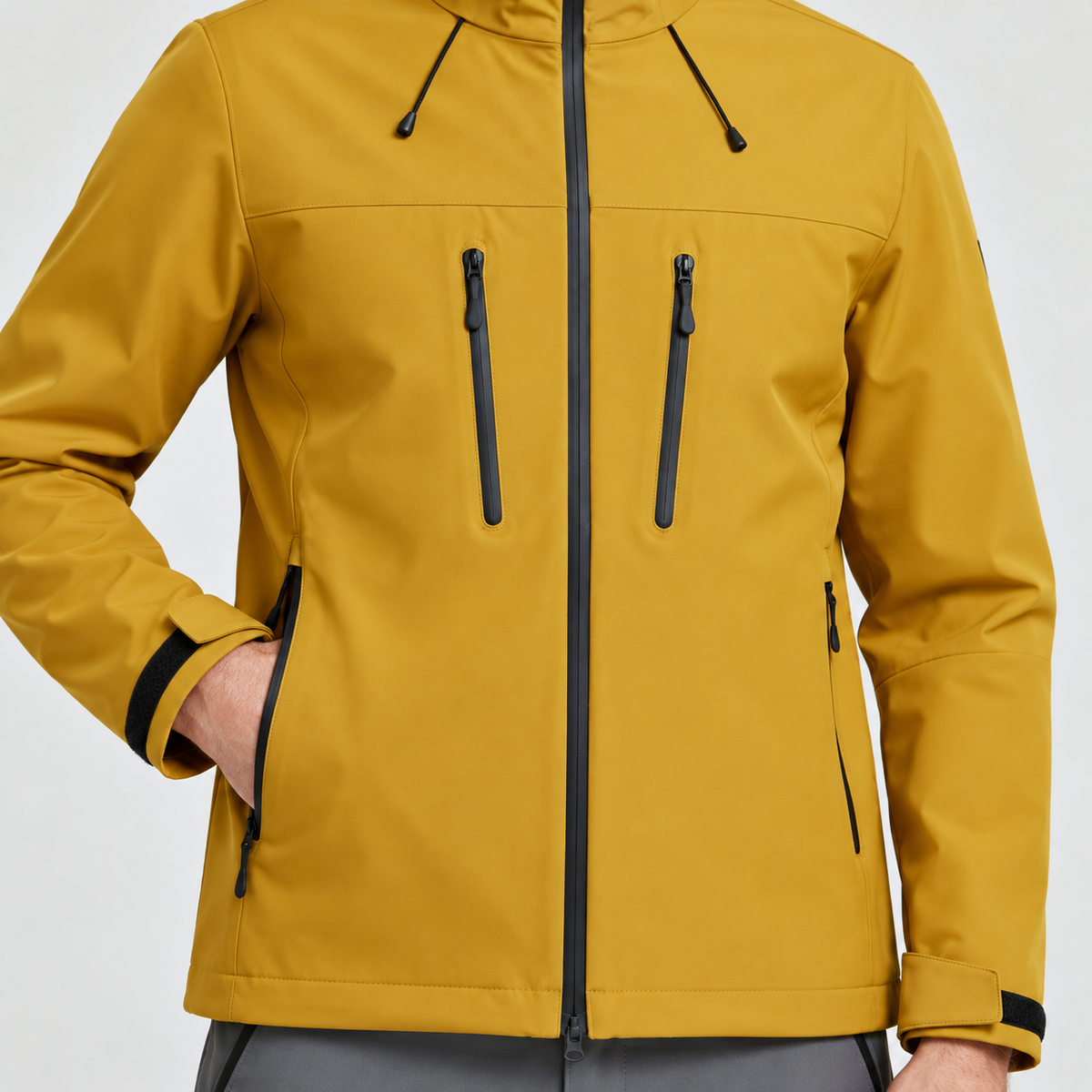 Veste softshell homme jaune – détail des quatre poches zippées