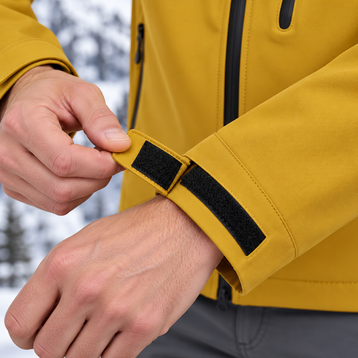 Veste softshell homme jaune – détail du poignet réglable