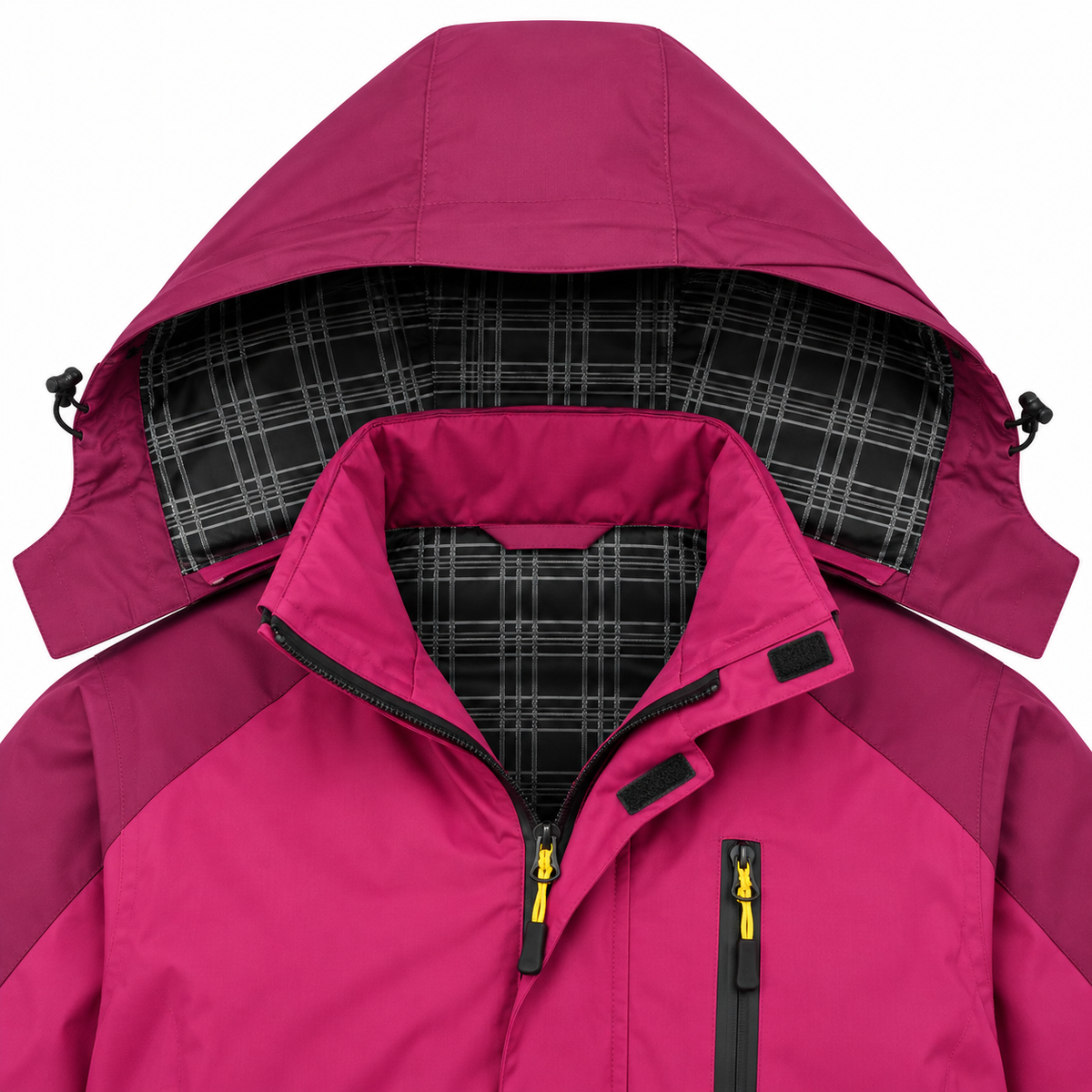 Capuche réglable et col haut de veste imperméable femme rose fuchsia