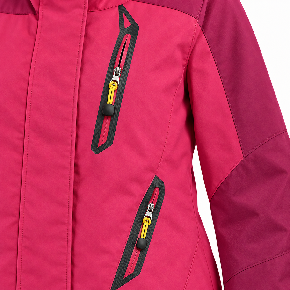 Poches zippées poitrine et latérale de veste imperméable femme rose fuchsia