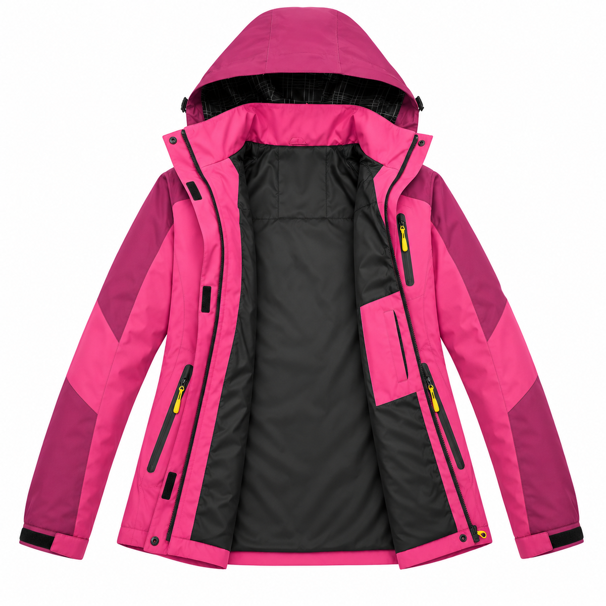 Veste imperméable femme rose fuchsia ouverte montrant sa construction intérieure noire