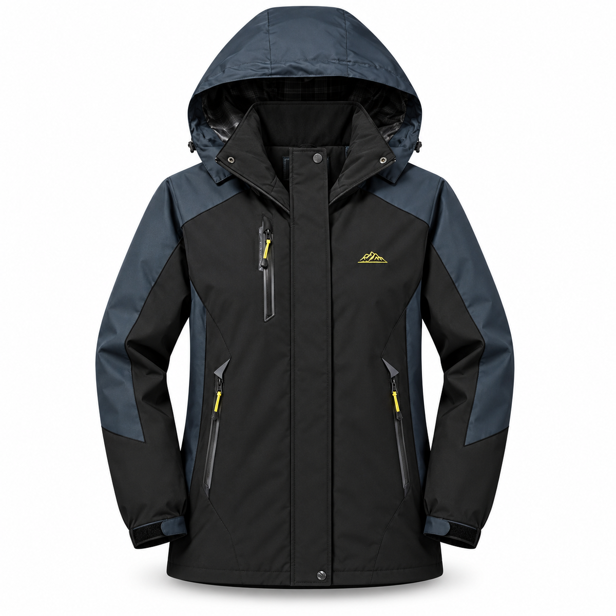 Veste imperméable 20000 mm femme noire et bleu ardoise avec capuche sur fond blanc
