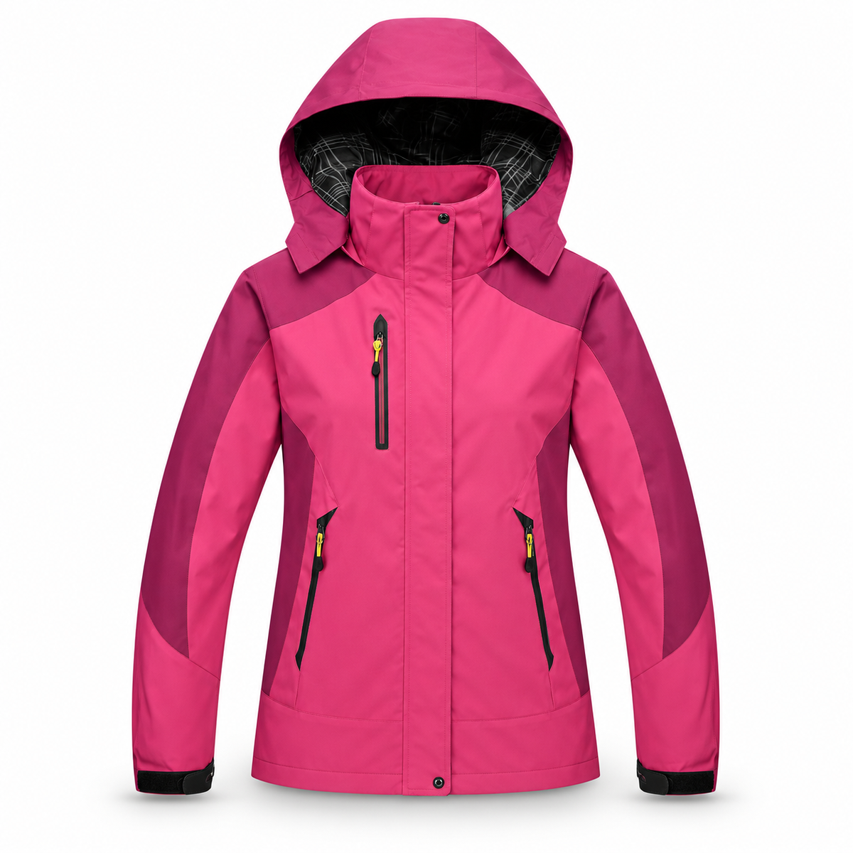 Veste imperméable 20000 mm femme rose fuchsia avec capuche, vue frontale sur fond blanc