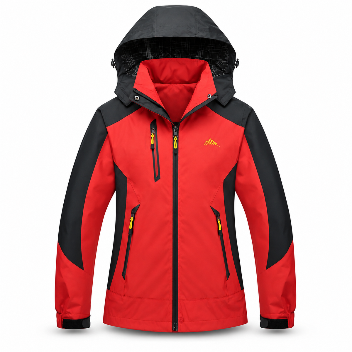 Veste imperméable 20000 mm femme rouge et noire avec capuche sur fond blanc