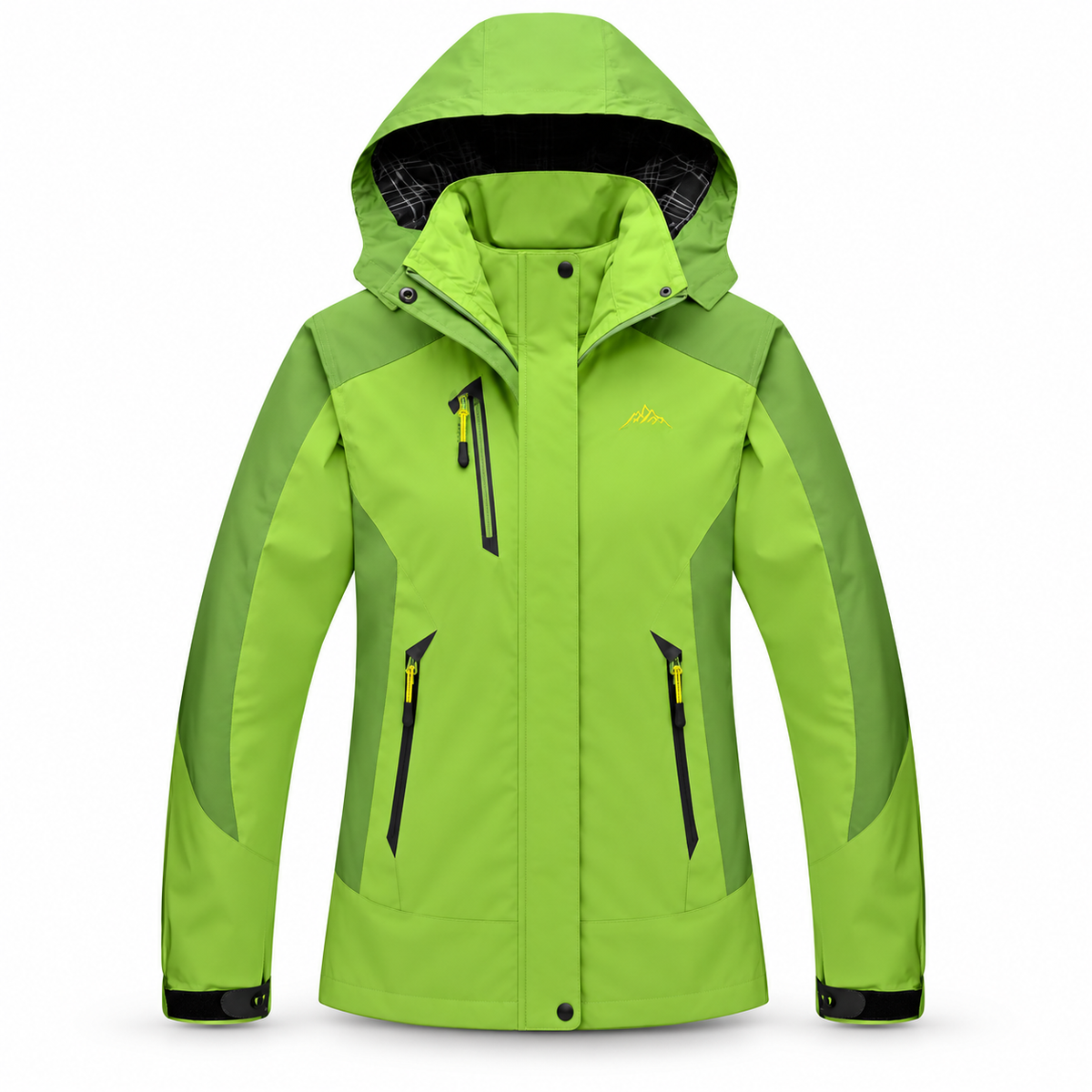 Veste imperméable 20000 mm femme verte avec capuche sur fond blanc