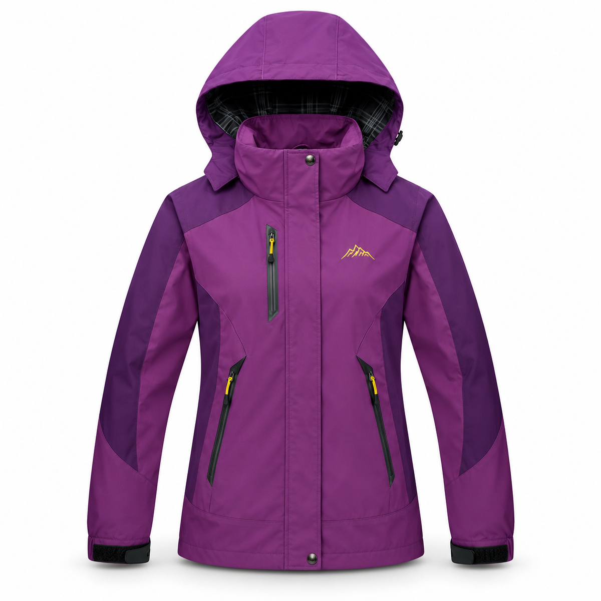 Veste imperméable 20000 mm femme violette avec capuche sur fond blanc