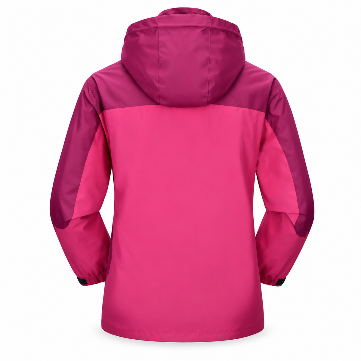 Vue arrière de la veste imperméable femme rose fuchsia avec capuche