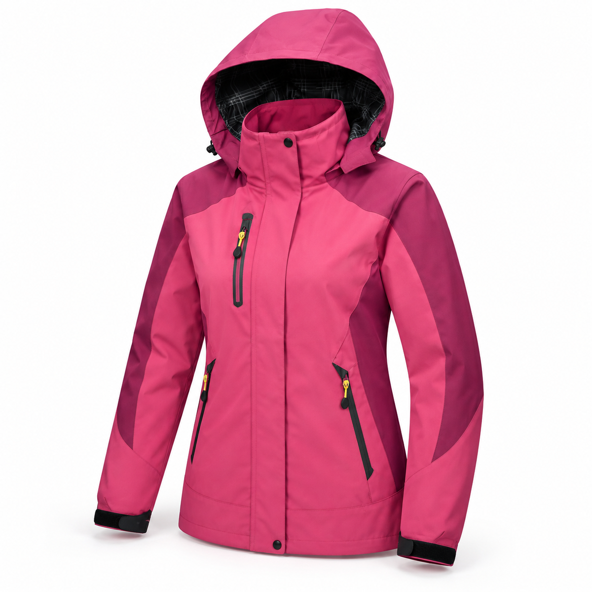 Veste imperméable femme rose fuchsia en vue trois-quarts avec trois poches zippées