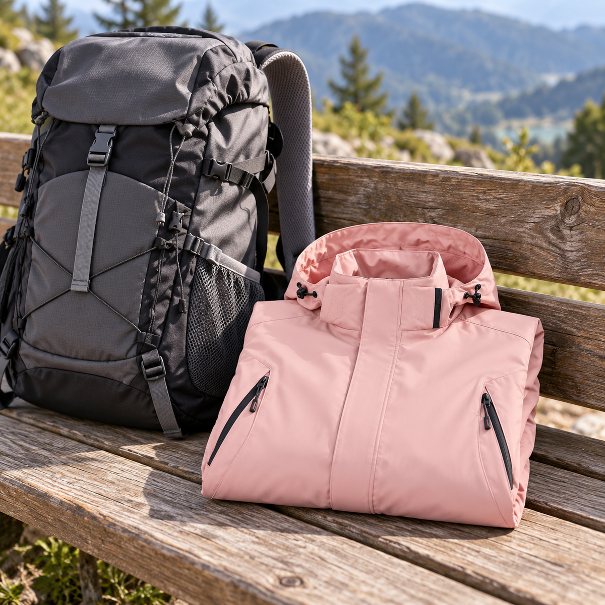 Veste imperméable ultra légère femme rose pliée près d’un sac
