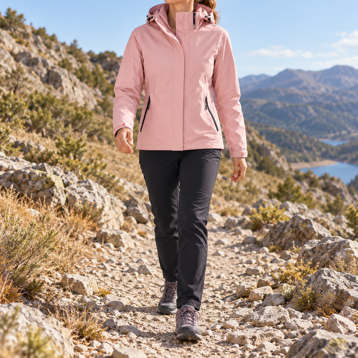Veste imperméable ultra légère femme rose portée en mouvement