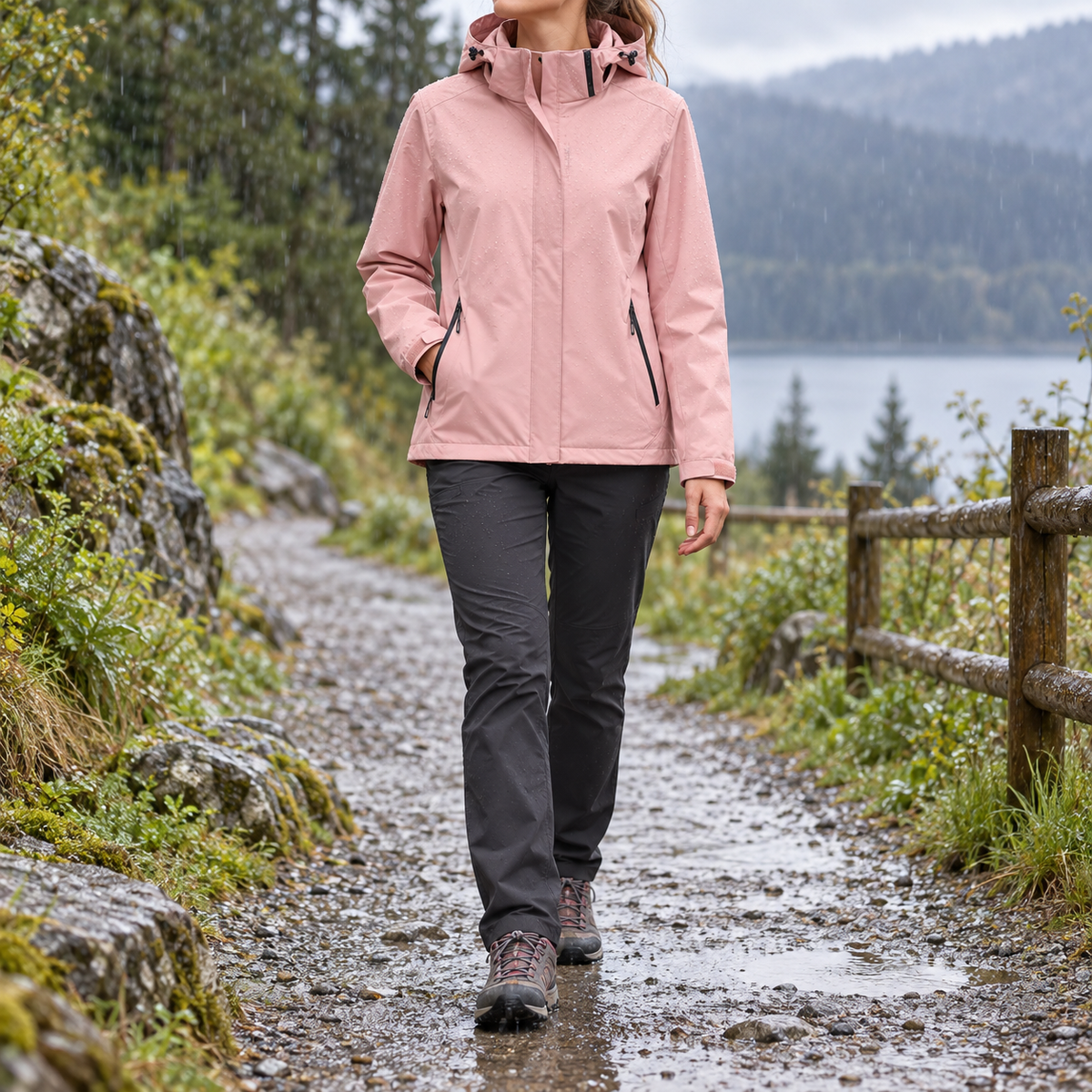 Veste imperméable ultra légère femme rose portée sous une pluie fine