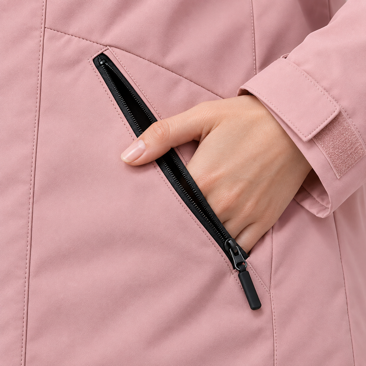 Veste imperméable ultra légère femme – détail de la poche zippée
