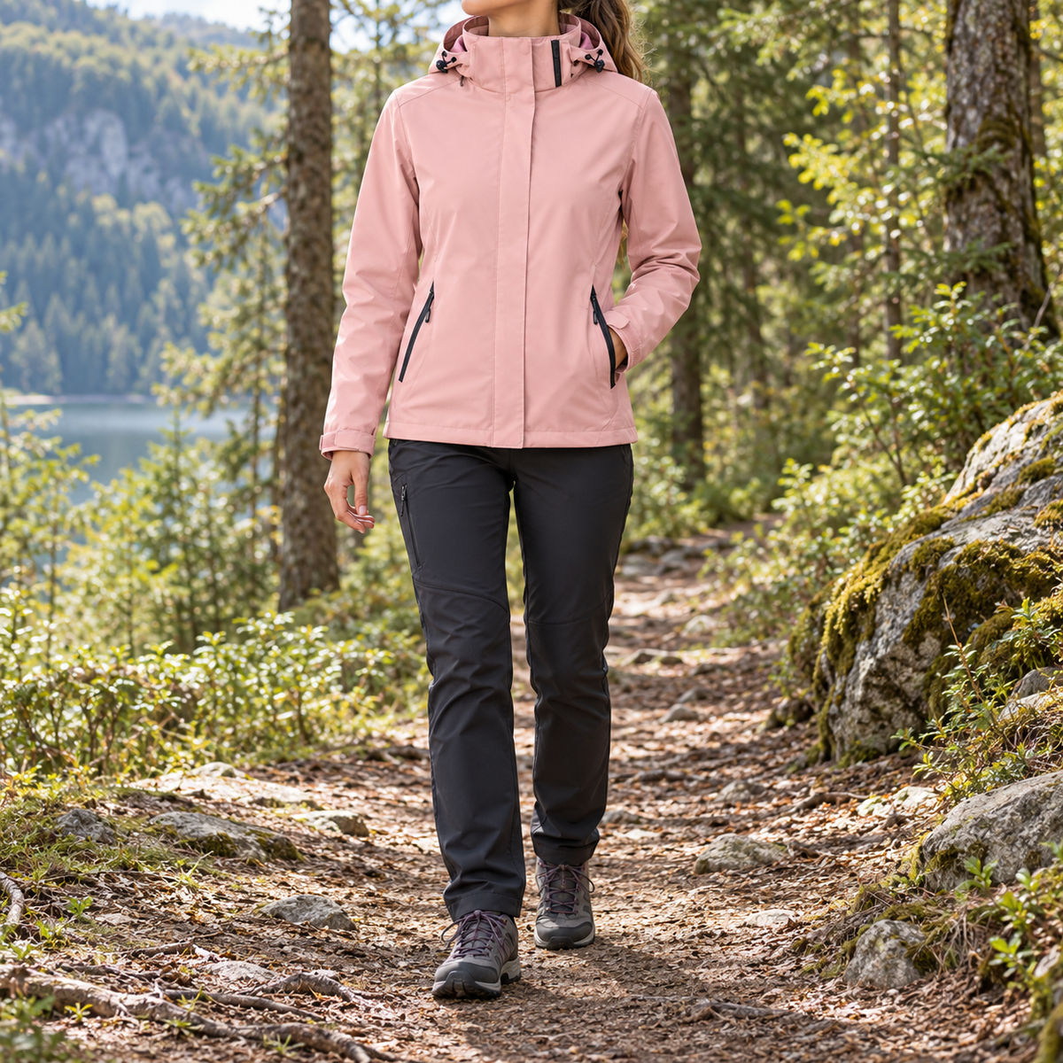 Veste imperméable ultra légère femme rose portée sur un sentier
