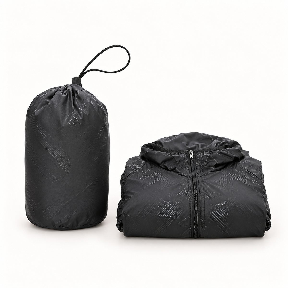 Veste légère imperméable de randonnée noire – pochette compacte assortie