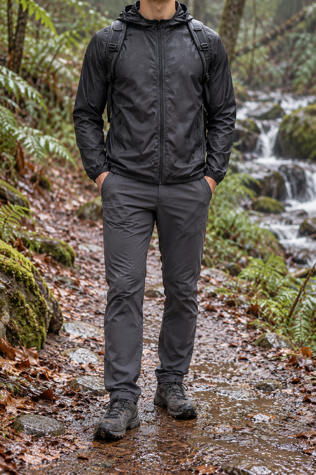 Veste légère imperméable de randonnée noire portée sur sentier humide