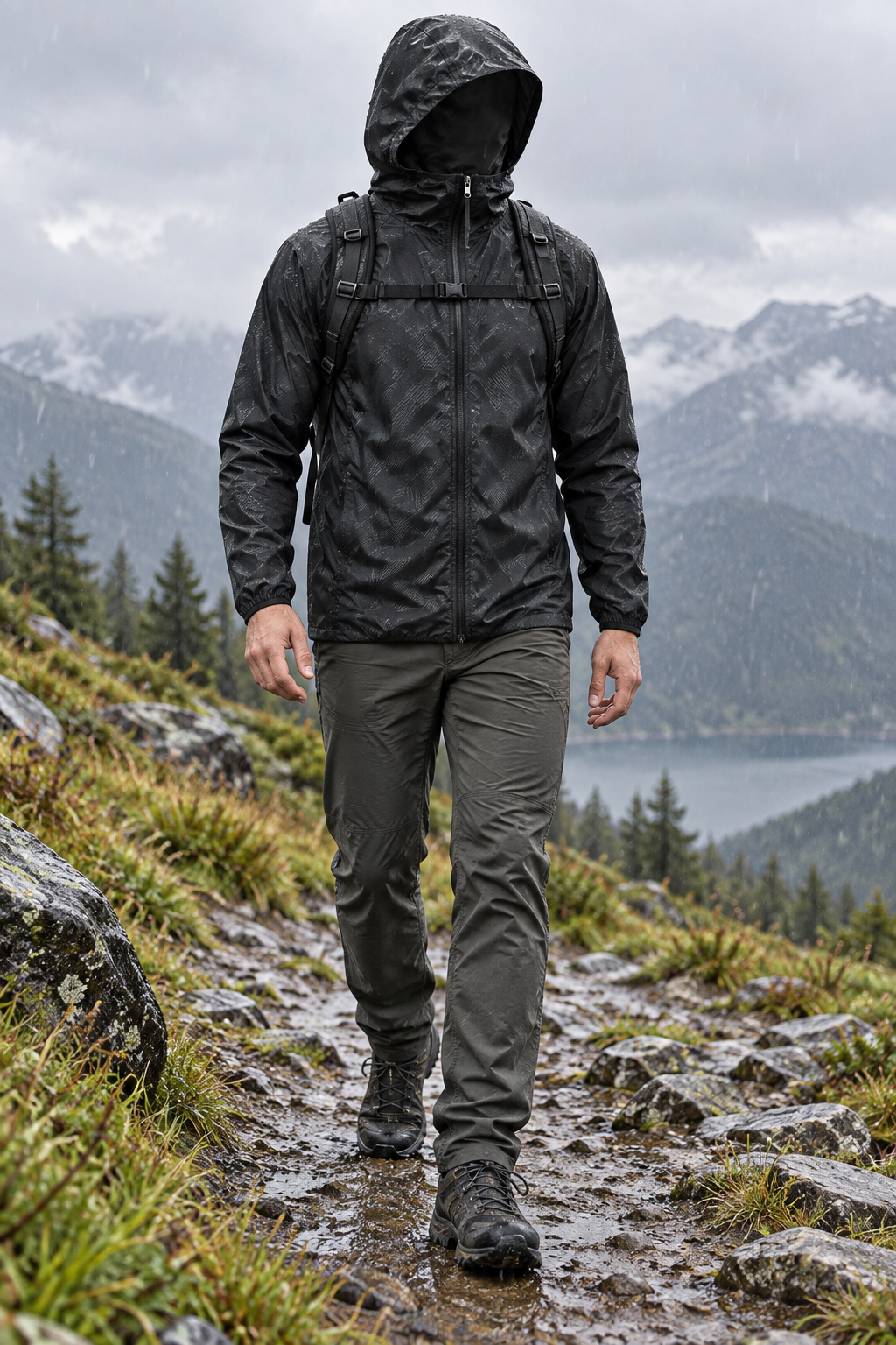 Veste légère imperméable de randonnée noire portée sous une pluie légère