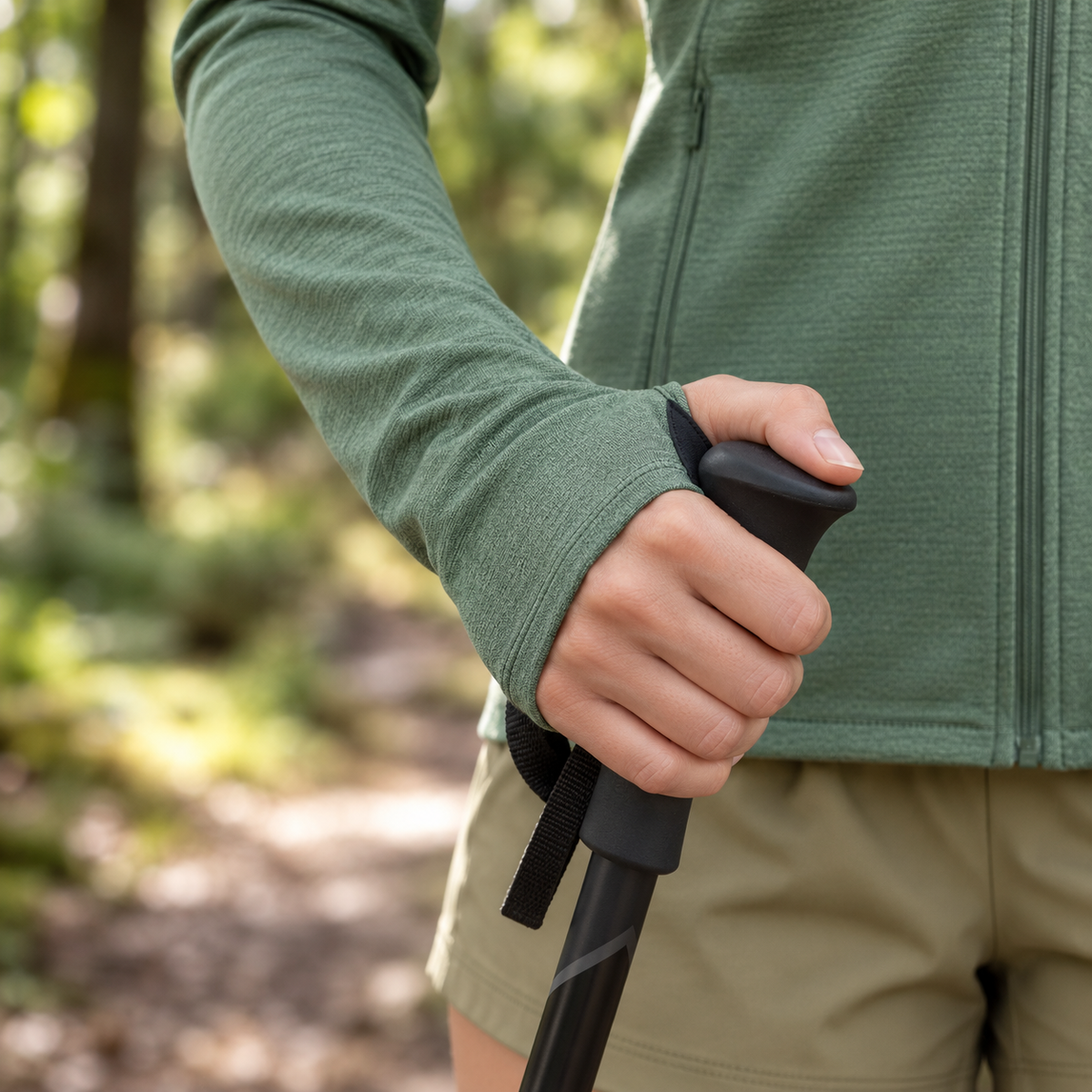 Veste marche nordique femme verte – manche passe-pouce avec bâton