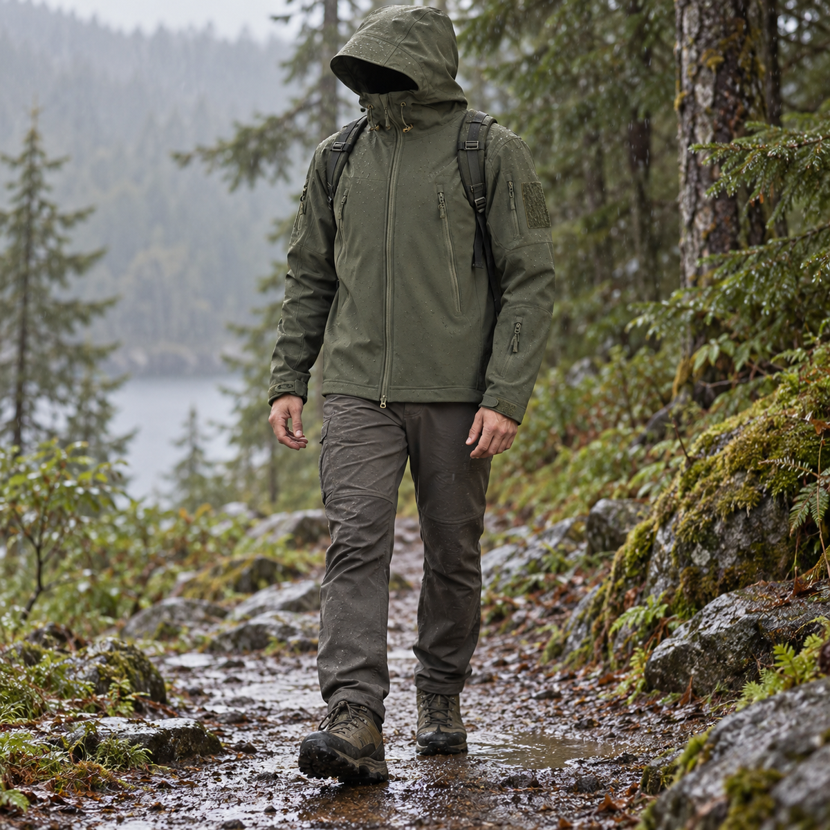 Veste mi-saison randonnée kaki portée sous une pluie fine