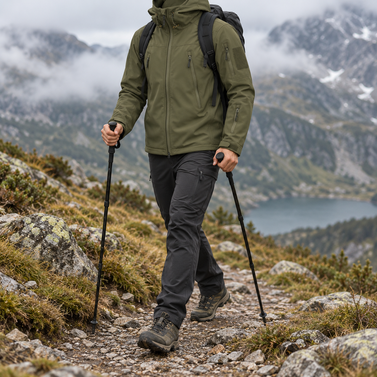 Veste mi-saison randonnée kaki portée sur un sentier