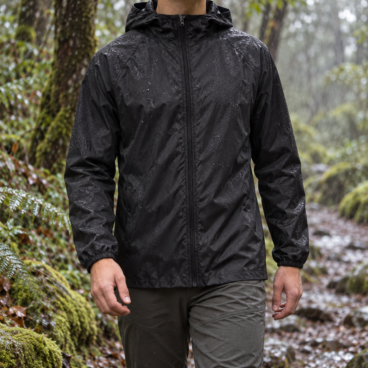 Veste pluie randonnée noire portée sur un sentier humide, cadrage sans tête ni visage