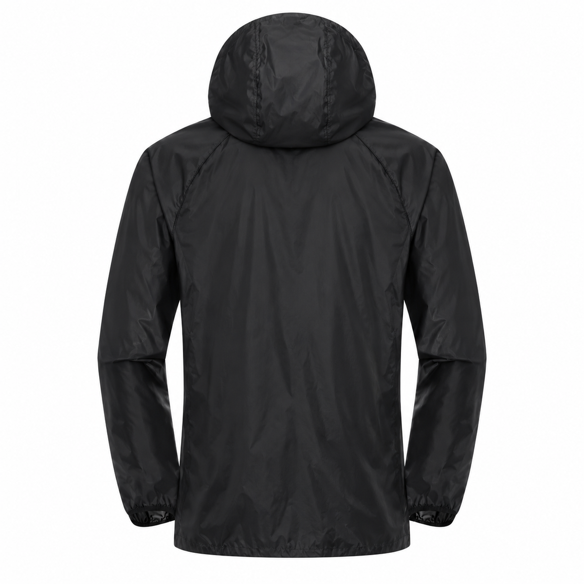 Veste pluie randonnée noire légère vue de dos avec capuche et manches longues