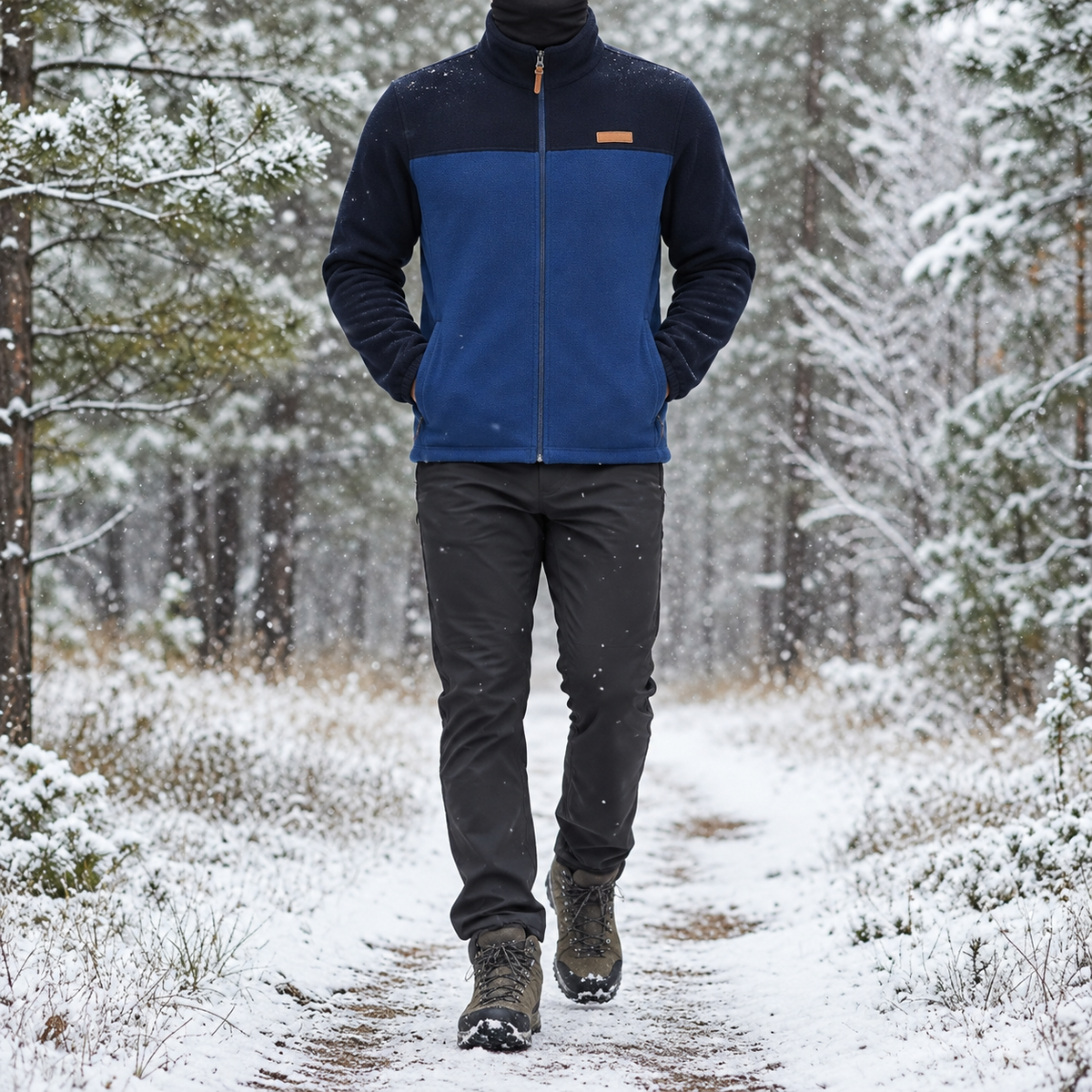 Veste polaire bleu marine portée sur sentier enneigé – vue de face