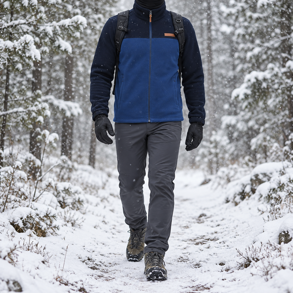 Veste polaire bleu marine portée en mouvement
