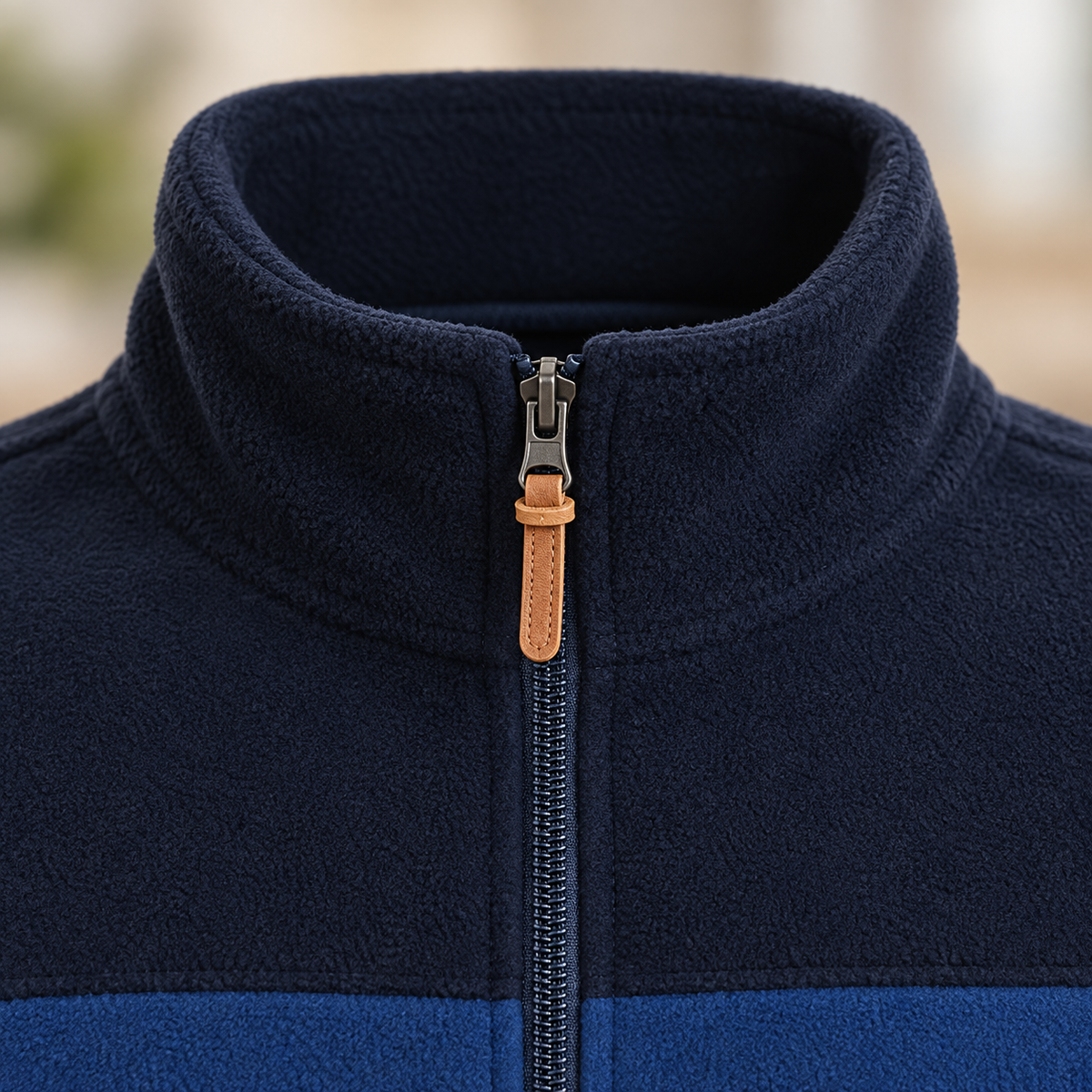 Veste polaire bleu marine – détail du col et du zip