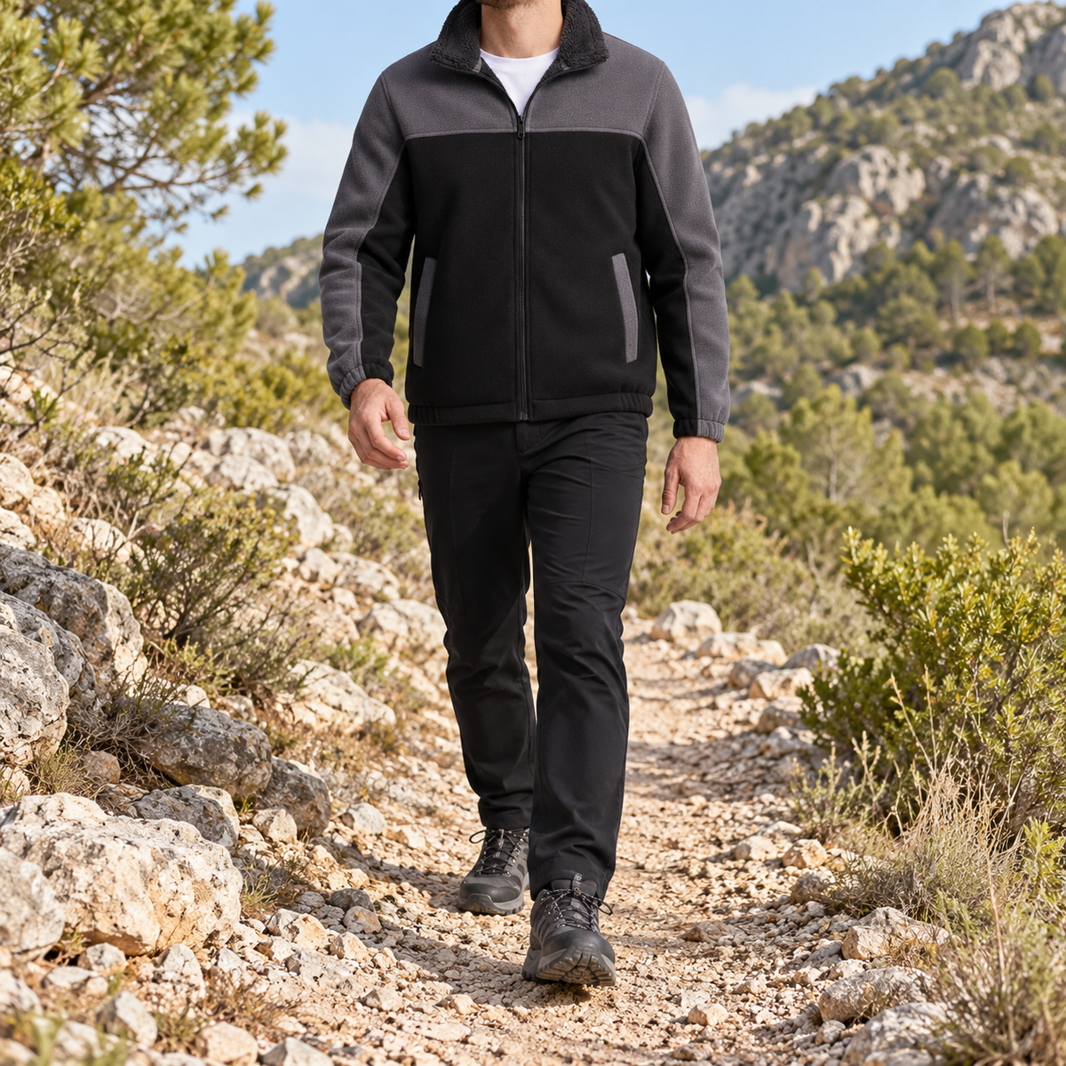 Veste polaire randonnée noire portée en mouvement