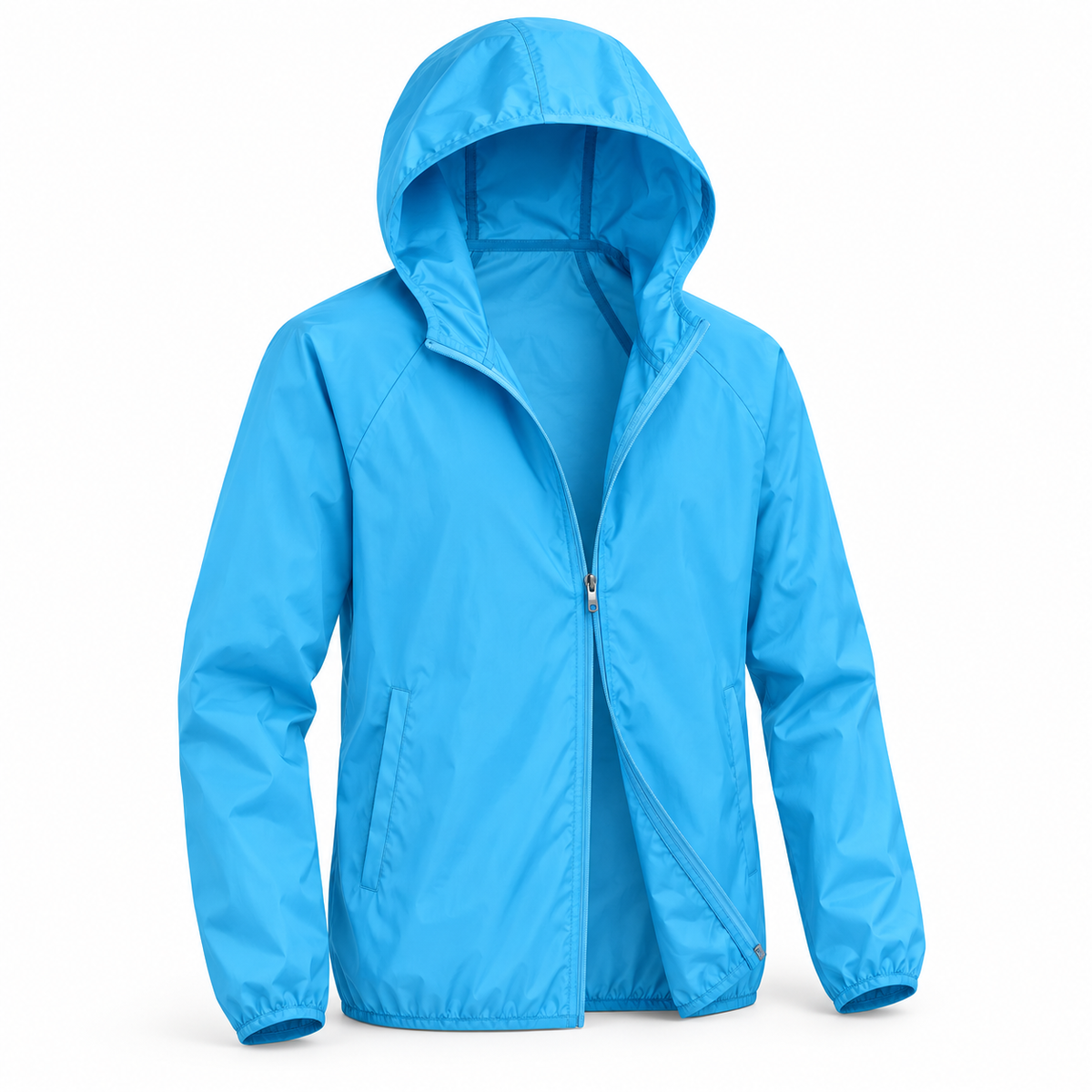 Veste randonnée bleue ciel ouverte – vue trois-quarts