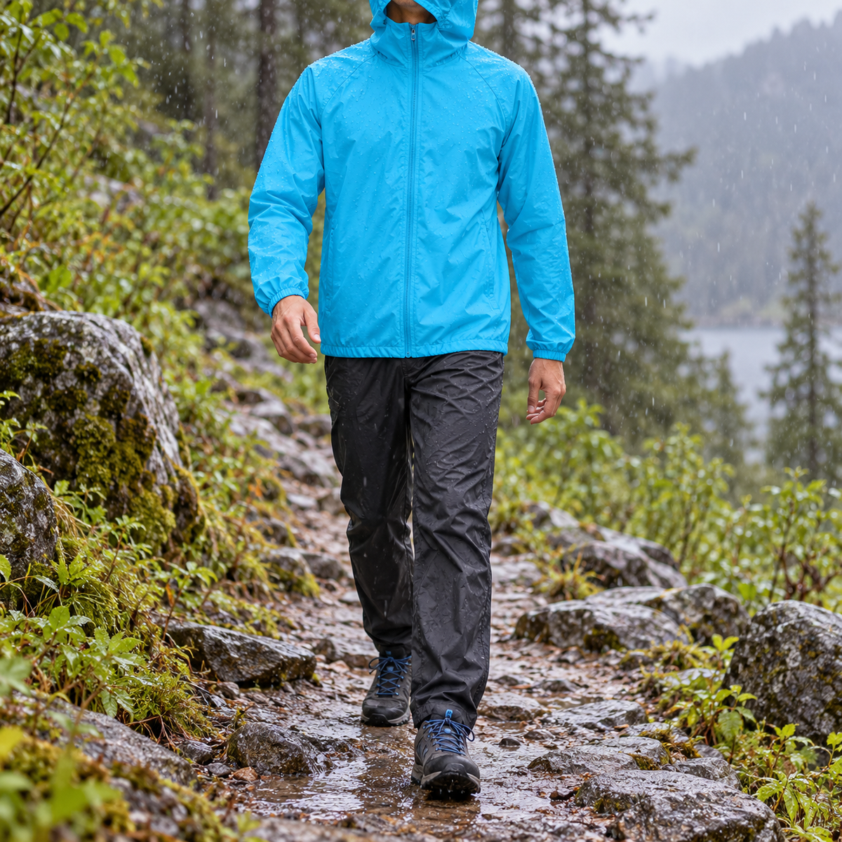 Veste randonnée bleue ciel portée sous une pluie fine