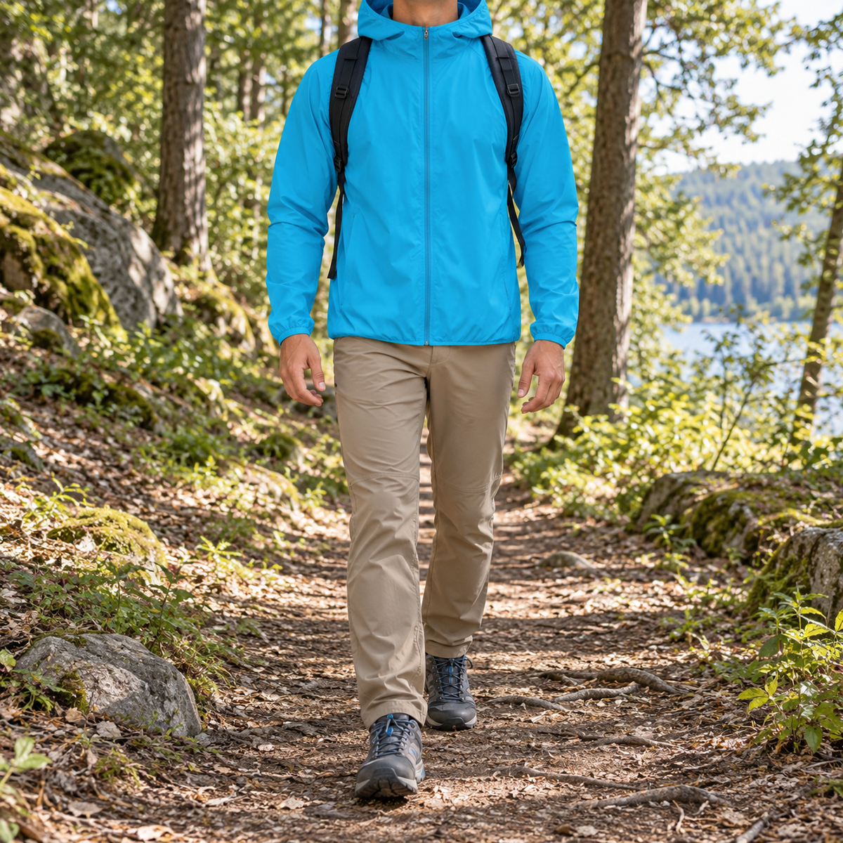 Veste randonnée bleue ciel portée sur un sentier