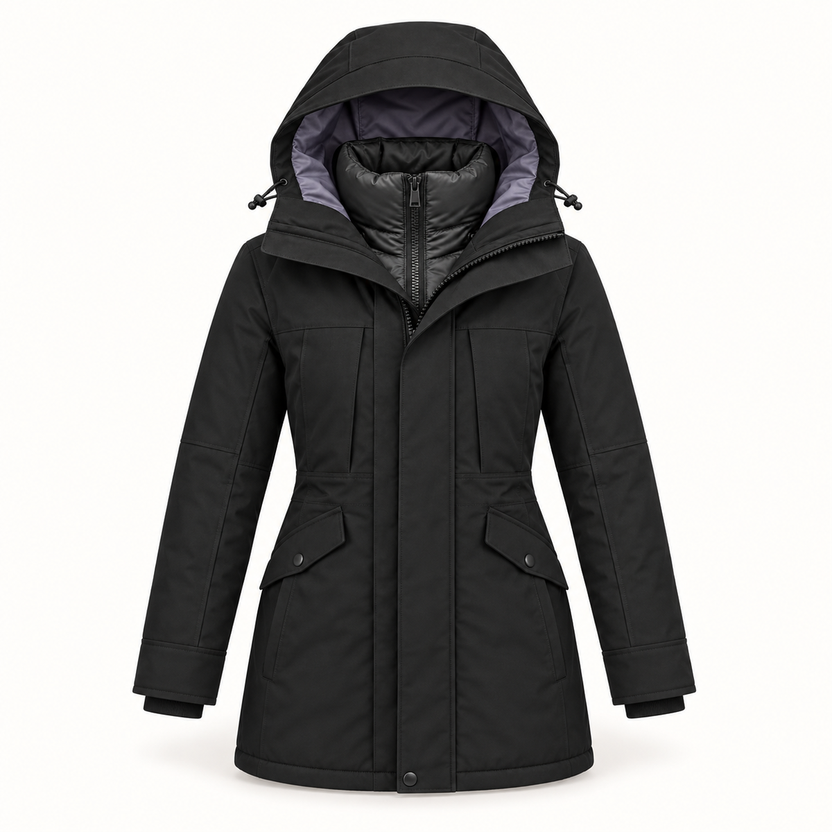 Veste randonnée chaude et imperméable femme noire – détail capuche et col