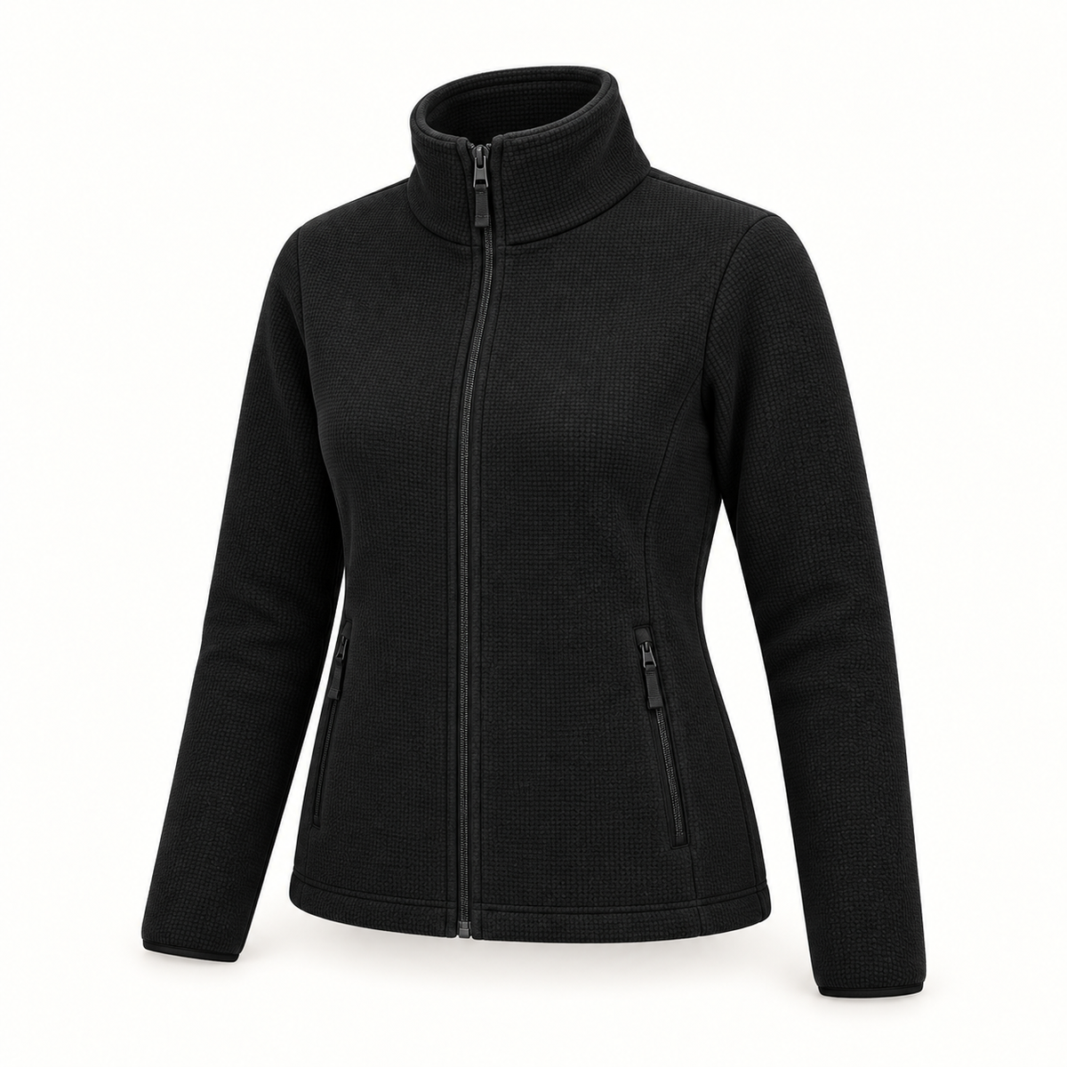 Veste randonnée femme noire entière – col montant et fermeture sur fond blanc
