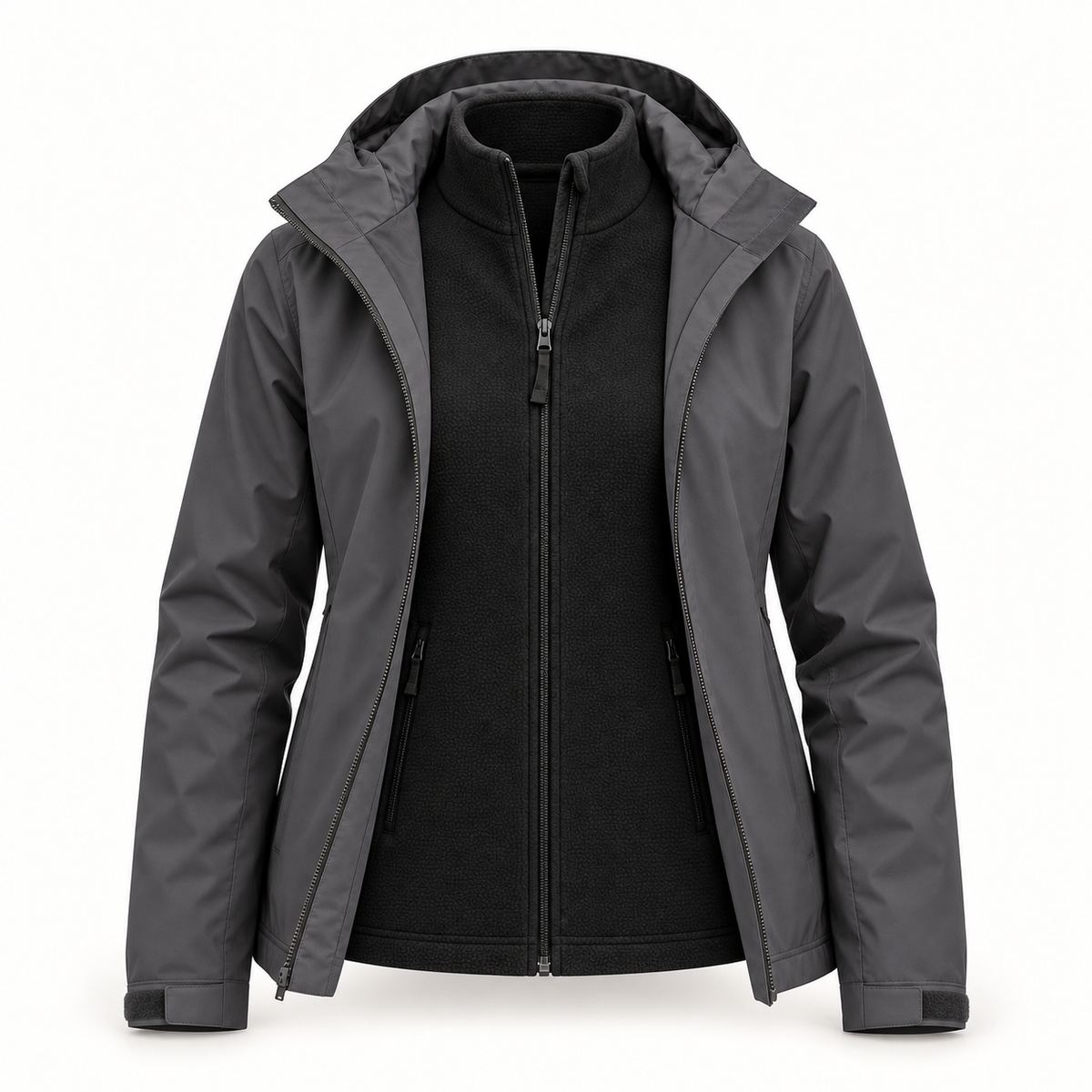 Veste randonnée femme noire entière sous une veste extérieure grise sur fond blanc