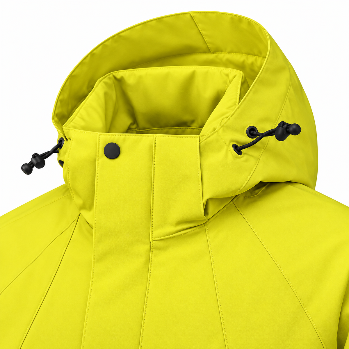 Veste randonnée fluo – détail de la capuche et du col montant