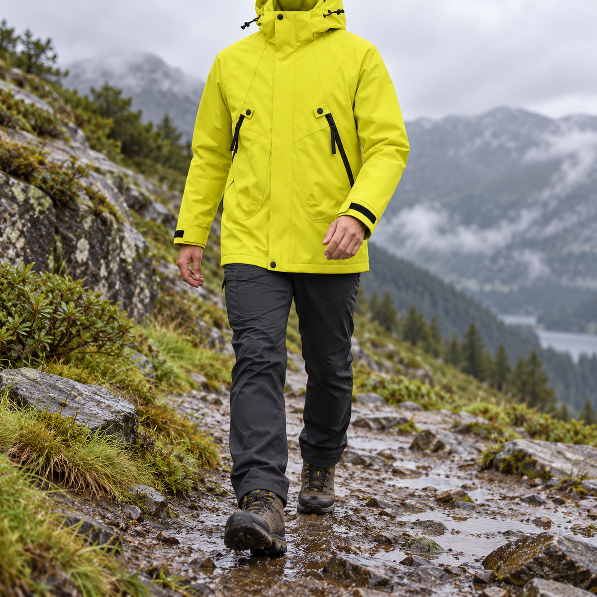 Veste randonnée fluo jaune portée en mouvement sur sentier humide